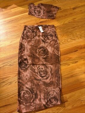 High-Waist Brown Floral Pencil Skirt strapless set MEDIUM